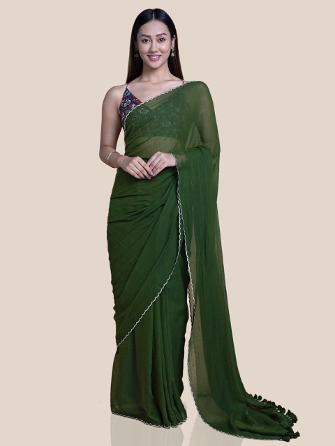 

Suta Olive Green & White Embroidered Pure Cotton Saree