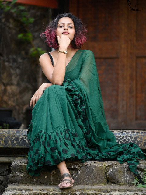 

Suta Green Pure Cotton Saree with Polka Printed Ruffle Border