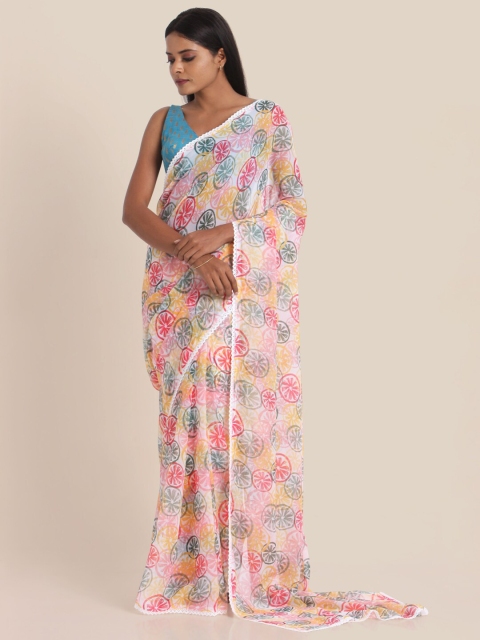 

Suta White Geometric Printed Chiffon Saree, Multi
