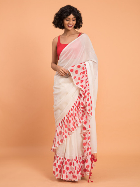 

Suta White & Red Pure Cotton Polka Dots Ruffle Border Saree
