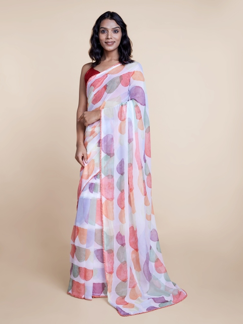 

Suta White & Peach-Coloured Abstract Printed Chiffon Saree, Multi