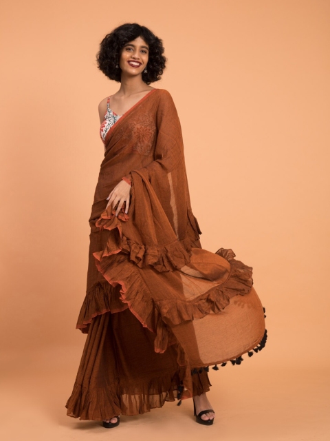 

Suta Women Brown Pure Cotton Ruffle Saree