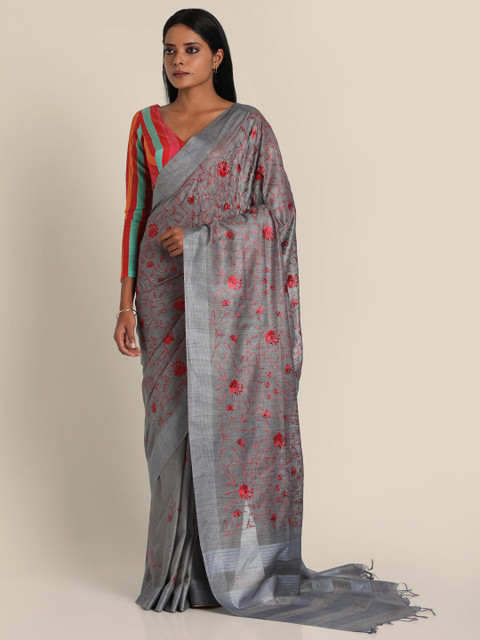 

Suta Grey & Maroon Floral Machine Embroidered Polynylon Saree