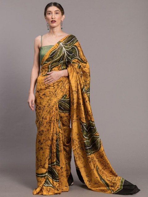 

Suta Yellow & Olive Green Batik Handwoven Mulberry Silk Saree