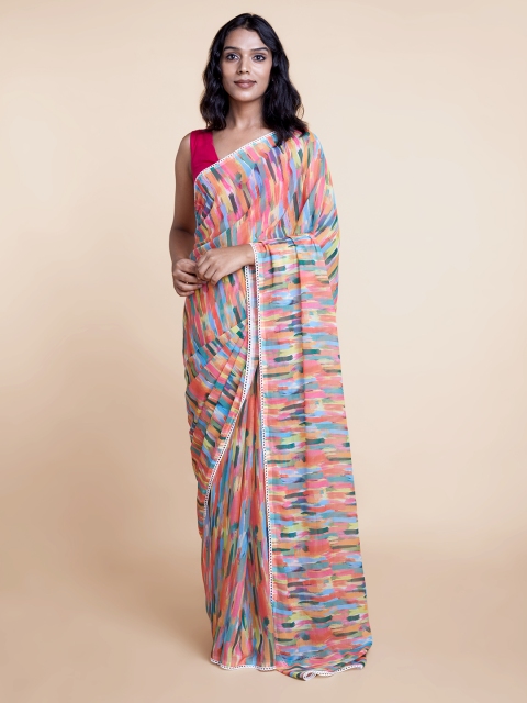 

Suta Women Pink & Blue Strokes Printed Chiffon Saree, Multi