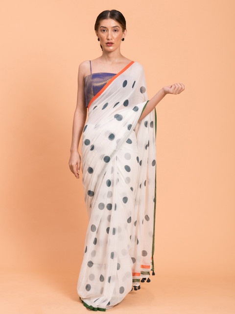 

Suta White & Black Polka Dots Printed Pure Cotton Saree