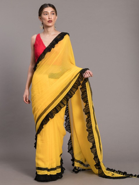 

Women Yellow & Black Pure Cotton Solid Ruffle Saree