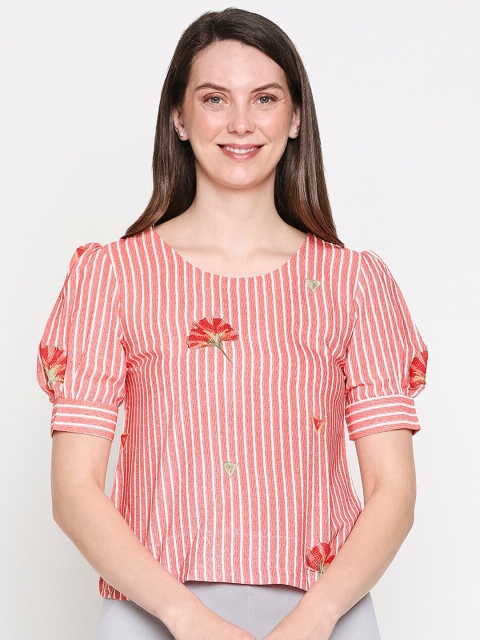 

inocenCia Red & White Striped & Floral Embroidery Print Puff Sleeve Regular Top