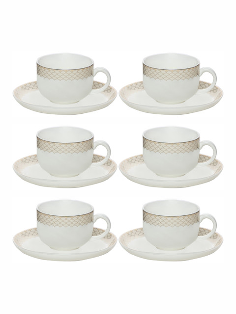 

White Gold Set Of 12 White Floral Printed Porcelain Glossy Cups and Saucers