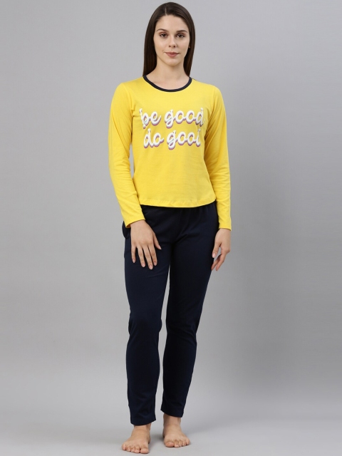 

Curare Women Yellow & Navy Blue Printed T-Shirt & Pyjama Night suit