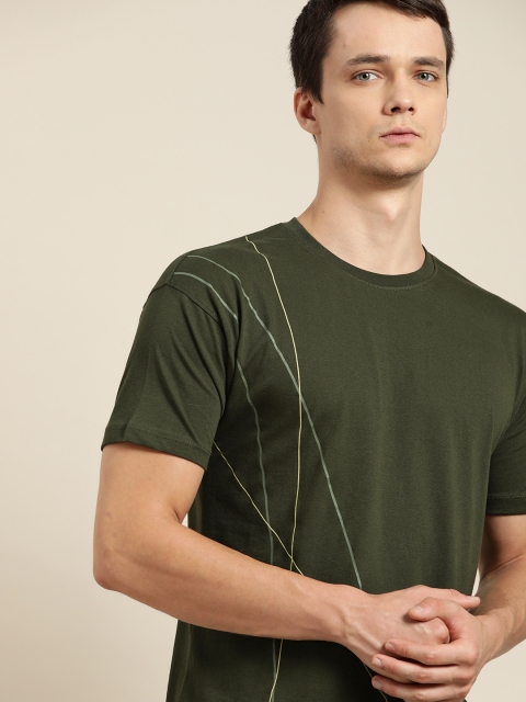 

ether Men Olive Green Striped Cotton T-shirt