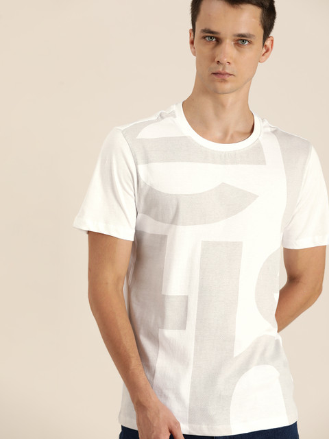 

ether Men White & Grey Melange Typography Printed Pure Cotton T-shirt