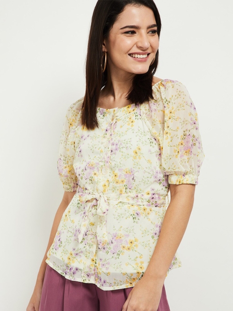 

max Women Cream-Coloured & Purple Floral Printed Cinched Waist Top