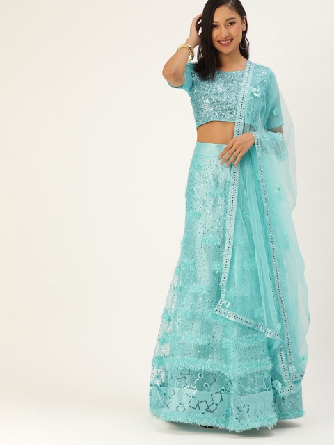 

Mameraa Turquoise Blue Embellished Sequinned Semi-Stitched Lehenga & Unstitched Blouse With Dupatta