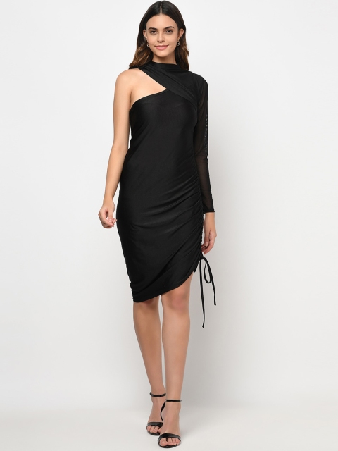 

iki chic Black Scuba One Shoulder Ruched Asymmetric Bodycon Dress