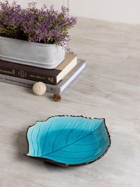 

Pure Home and Living Blue Printed Ceramic Glossy Birch Leaf Platter