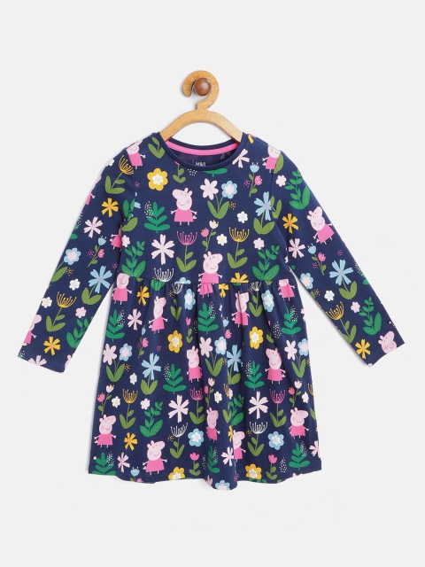 

Marks & Spencer Navy Blue & Pink Pure Cotton Printed A-Line Dress