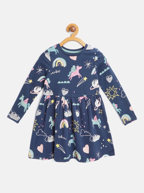 

Marks & Spencer Navy Blue & Pink Pure Cotton Printed A-Line Dress
