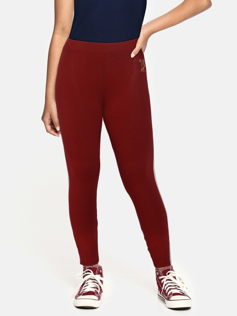 

Marks & Spencer Girls Maroon Solid Leggings With Side Stripes