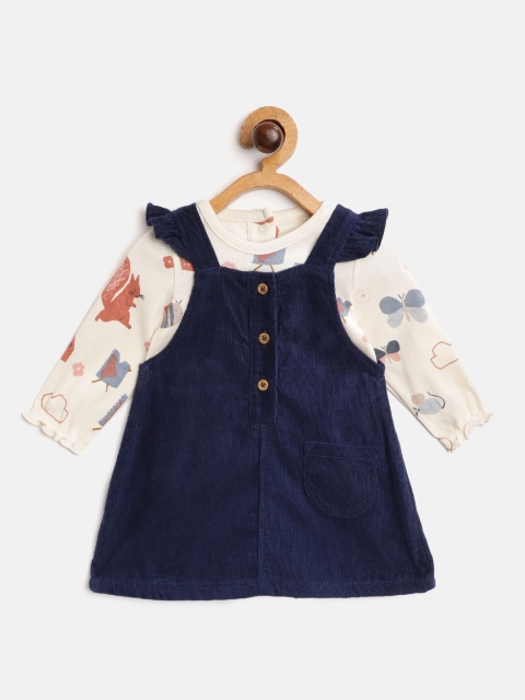 

Marks & Spencer Girls Navy Blue Solid Cotton Corduroy Pinafore Dress with Printed Bodysuit