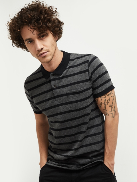 

max Men Charcoal Striped Polo Collar T-shirt