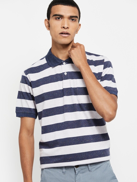 

max Men Blue & White Striped Polo Collar Pockets T-shirt
