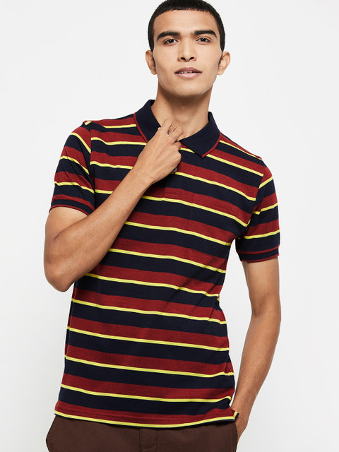 

max Men Blue Striped Polo Collar Pockets T-shirt