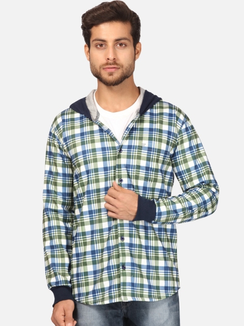 

BULLMER Men Green & Blue Opaque Checked Fleece Hooded Casual Shirt