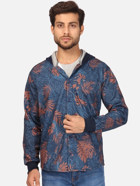 

BULLMER Men Navy Blue & Brown Floral Opaque Printed Brushed Fleece Hooded Casual Shirt