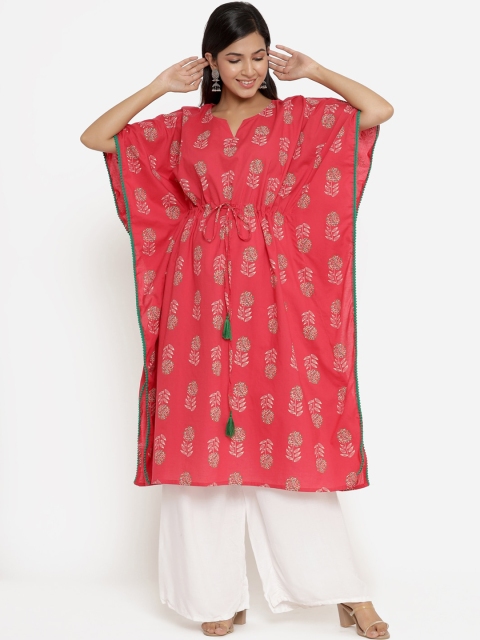 

Aprique FAB Women Red Floral Printed Extended Sleeves Kaftan Kurta With Waist Tie-Up