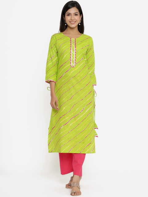 

Aprique FAB Women Green & Pink Leheriya Printed Pure Cotton Straight Kurta