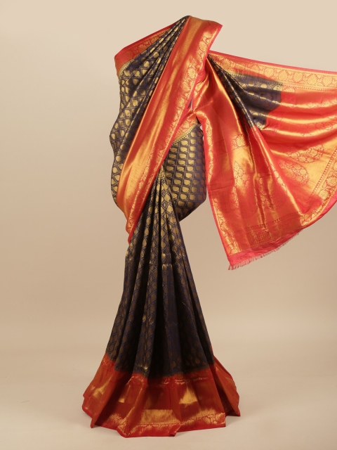 

Pothys Navy Blue & Gold-Toned Ethnic Motifs Zari Art Silk Banarasi Saree
