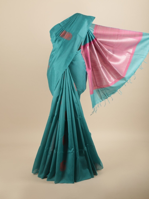 

Pothys Teal Blue & Pink Checked Jute Silk Saree