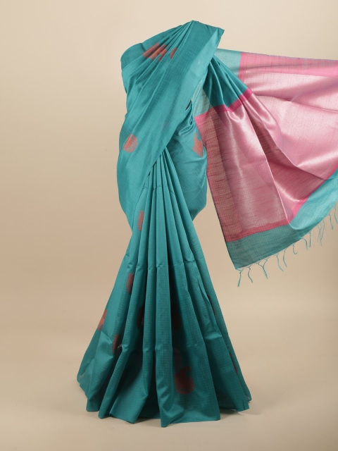 

Pothys Teal Blue & Pink Checked Jute Silk Saree