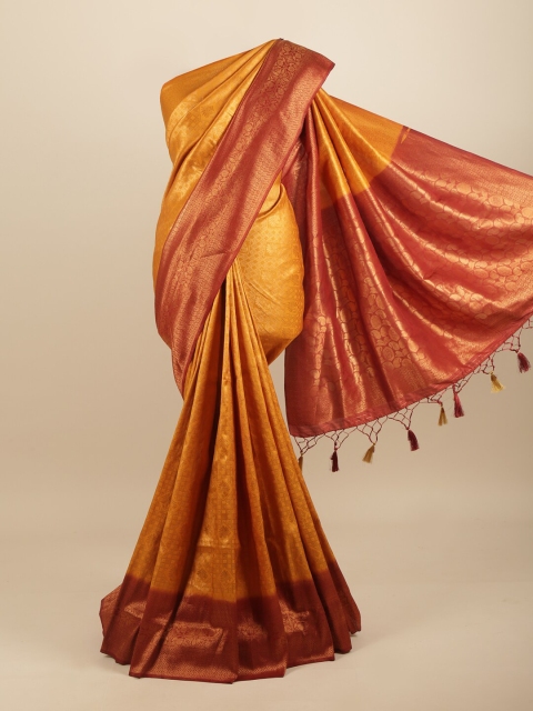 

Pothys Mustard Yellow & Gold-Toned Ethnic Motifs Art Silk Banarasi Saree
