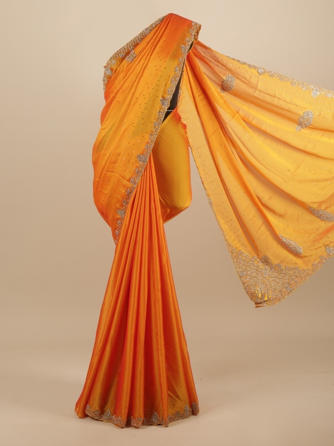 

Pothys Orange & Silver-Toned Embellished Beads and Stones Saree