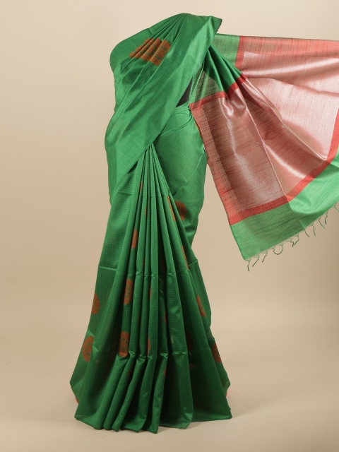 

Pothys Green & Brown Ethnic Motifs Jute Silk Saree
