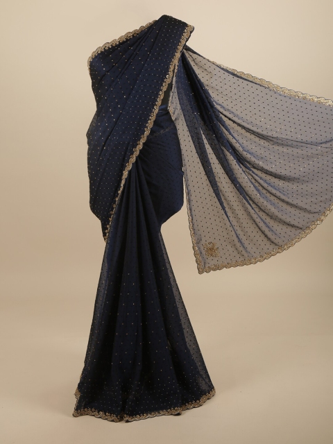 

Pothys Navy Blue & Gold-Toned Embellished Beads and Stones Saree