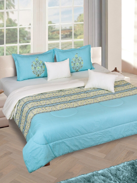 

ROMEE Blue & Off-White Printed Cotton Double King Bedding Set