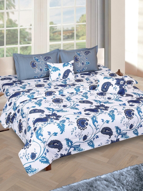 

ROMEE Blue & Off White Floral Printed Cotton Double King Bedding Set