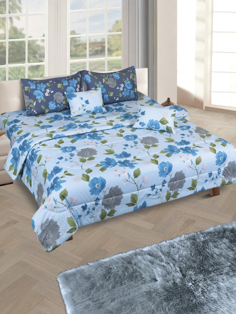 

ROMEE Blue & Green Floral Printed Cotton Double King Bedding Set