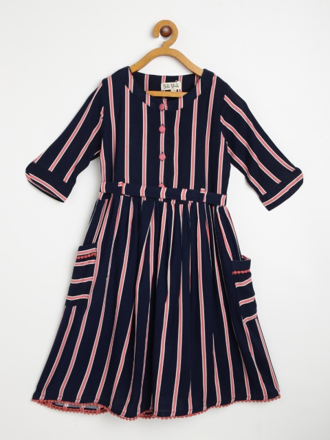 

Bella Moda Girls Navy Blue & Peach-Coloured Striped Dress