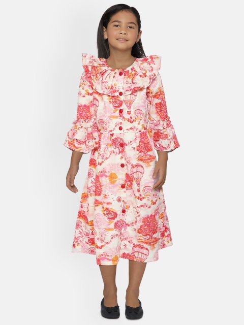 

Bella Moda Girls White & Peach-Coloured Printed Dress