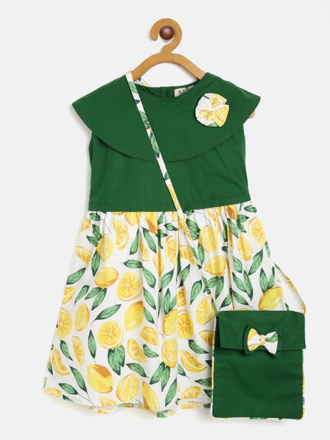 

Bella Moda White & Green Printed Dress with Bag