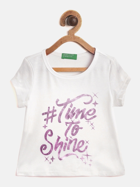 

United Colors of Benetton Girls White & Purple Typography Print Cotton T-shirt
