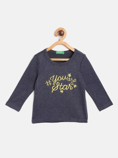 

United Colors of Benetton Girls Navy Blue & Golden Typography Printed T-shirt