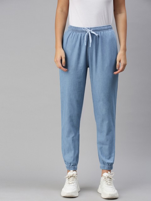 

The Souled Store Women Blue Solid Cotton Denim Joggers