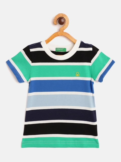 

United Colors of Benetton Boys Blue Black Pure Cotton Striped Pure Cotton T-shirt