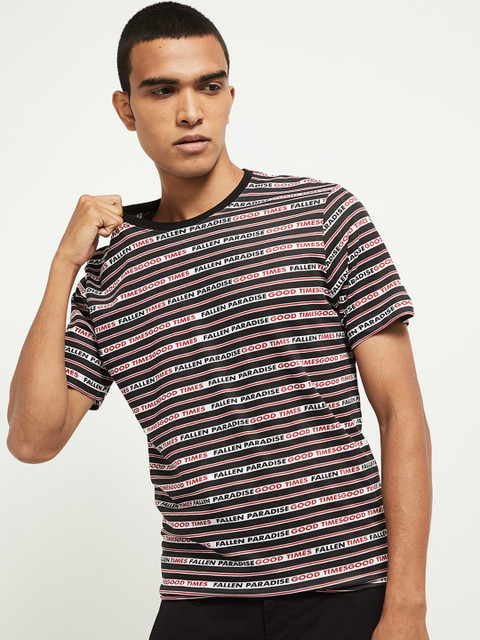 

max Men Black Typography Striped T-shirt