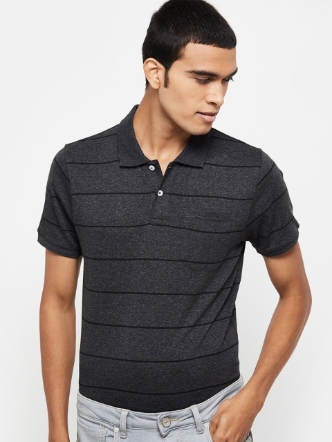 

max Men Charcoal Grey Striped Polo Collar Pockets T-shirt